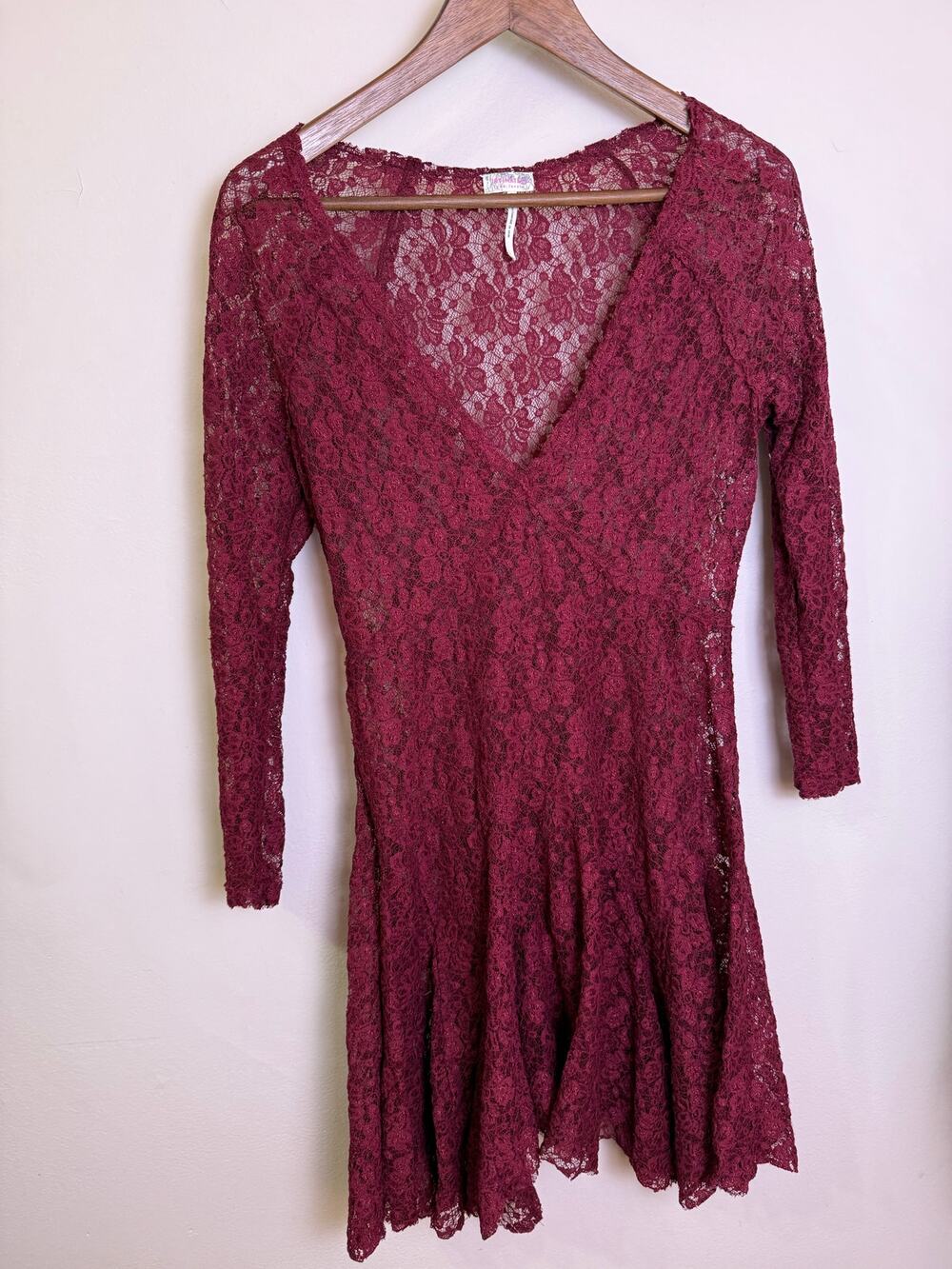 Free People Intimately Lace Skater Dress Burgundy Deep V Neck 3/4 Sleeve M